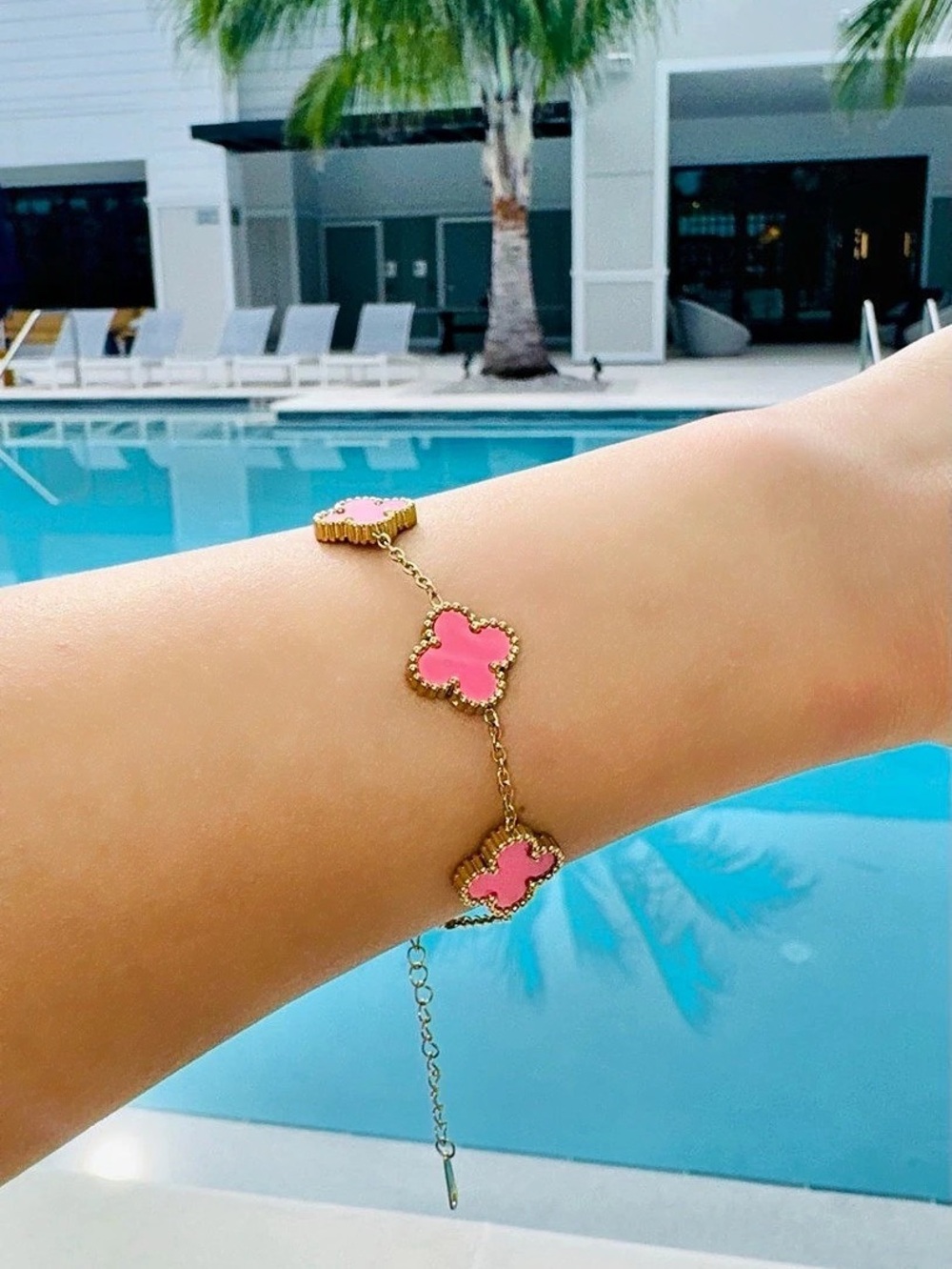 Gold-Plated Coral Clover Link Bracelet